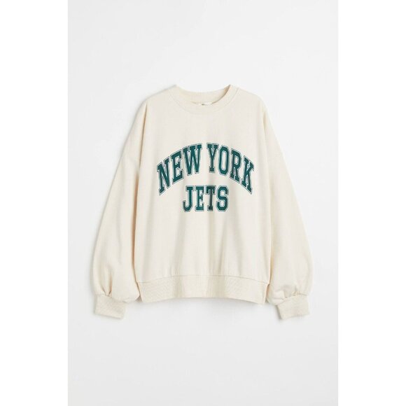 H&M x NFL New York Jets Ivory Green Logo Terry Crew Neck Sweatshirt, Size XS - Picture 1 of 10